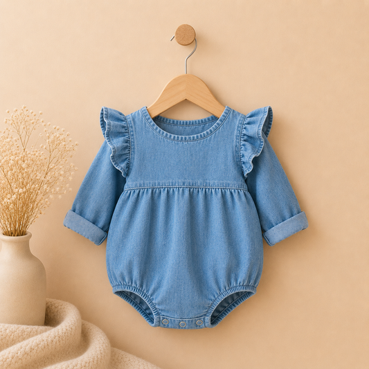 Barboteuse en Denim Doux à Volants