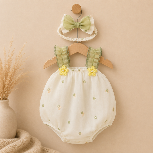 Barboteuse Fleurie Brodée avec Bandeau