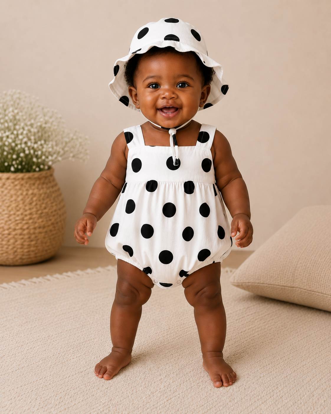 Barboteuse à Pois avec Chapeau Assorti