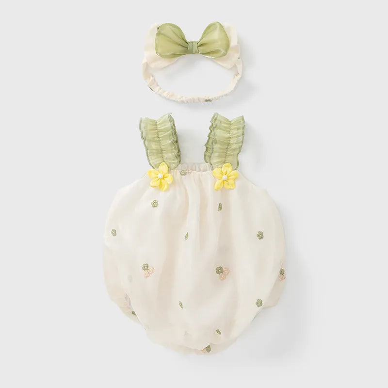 Barboteuse Fleurie Brodée avec Bandeau